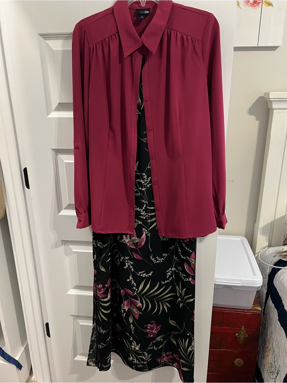 East 5th Long Sleeve Button-Up Blouse in Berry with Sleeveless dress underneath